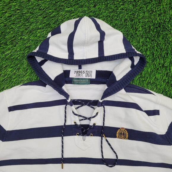 Ralph-Lauren Lace-Up Hoodie Womens Large 21x24 Stripes - Picture 9 of 14